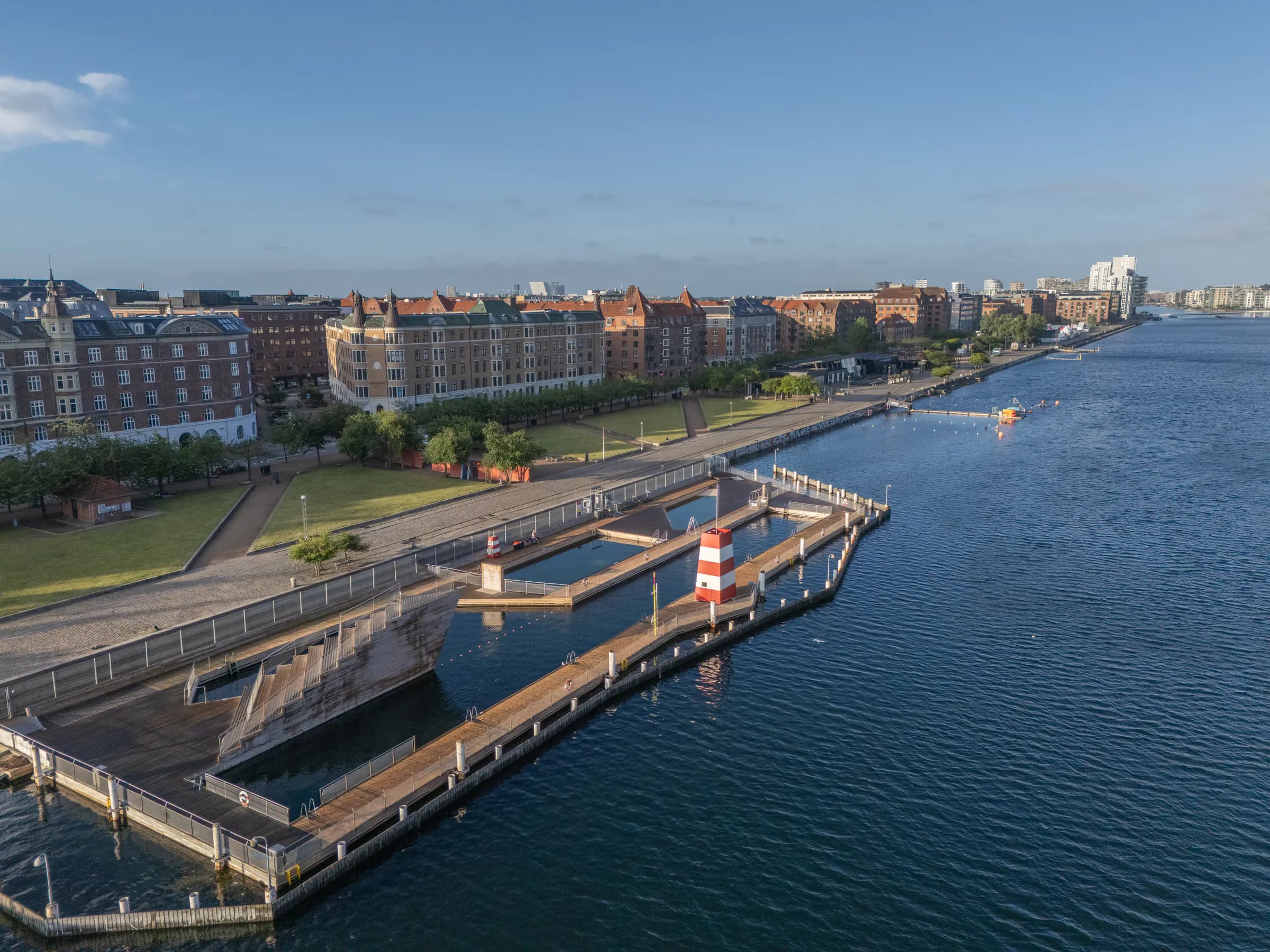 Aerial view of Islands Brygge Harbour Bath and Copenhagen waterfront